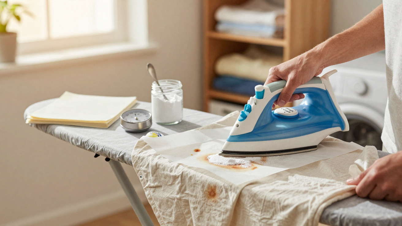 Pessoa passando ferro de passar azul para remover manchas de roupa clara sobre tábua de passar.