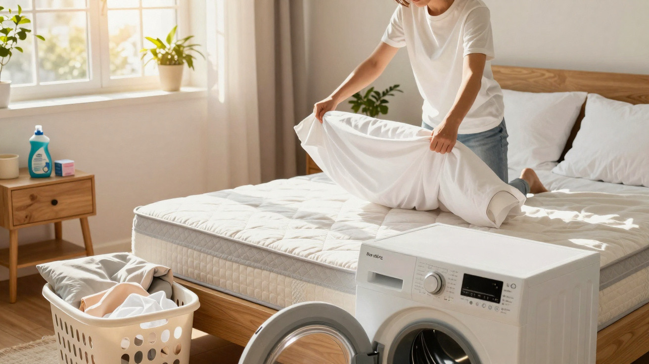 Pessoa colocando roupa de cama limpa no colchão em quarto iluminado pela manhã.