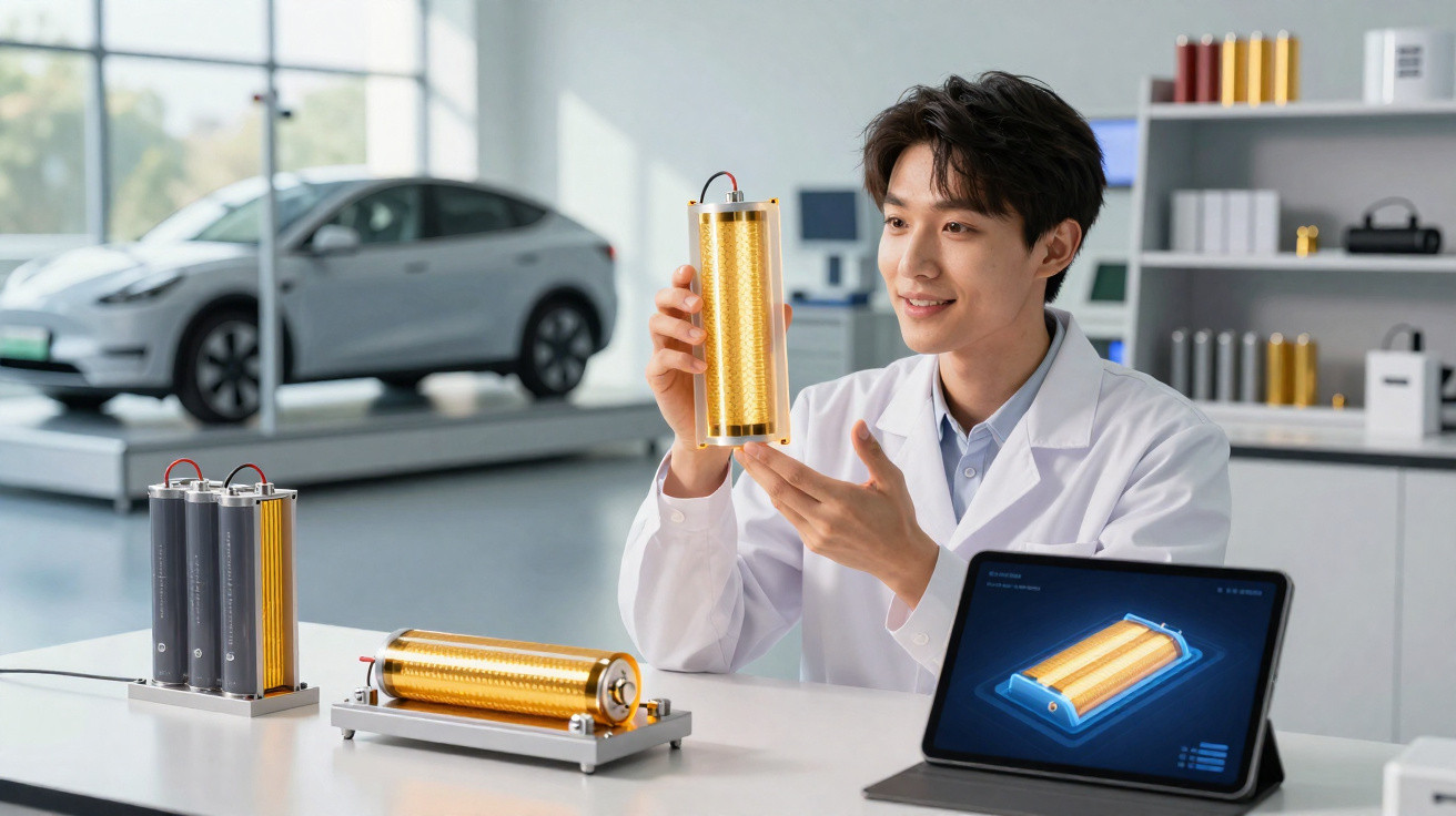 Cientista em laboratório analisando células de bateria e tecnologia em tablet com carro elétrico ao fundo.