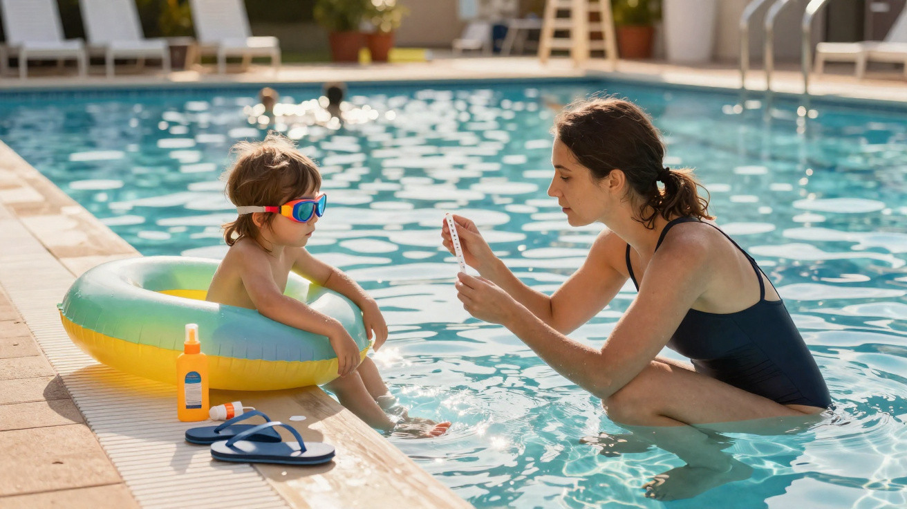 Criança de óculos de sol sentada em boia na piscina e mulher mostrando protetor solar.