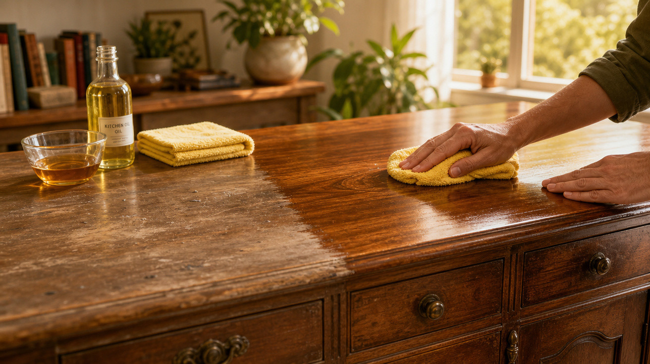 Mão limpando e restaurando superfície de madeira de aparência envelhecida com pano amarelo e produtos de limpeza.
