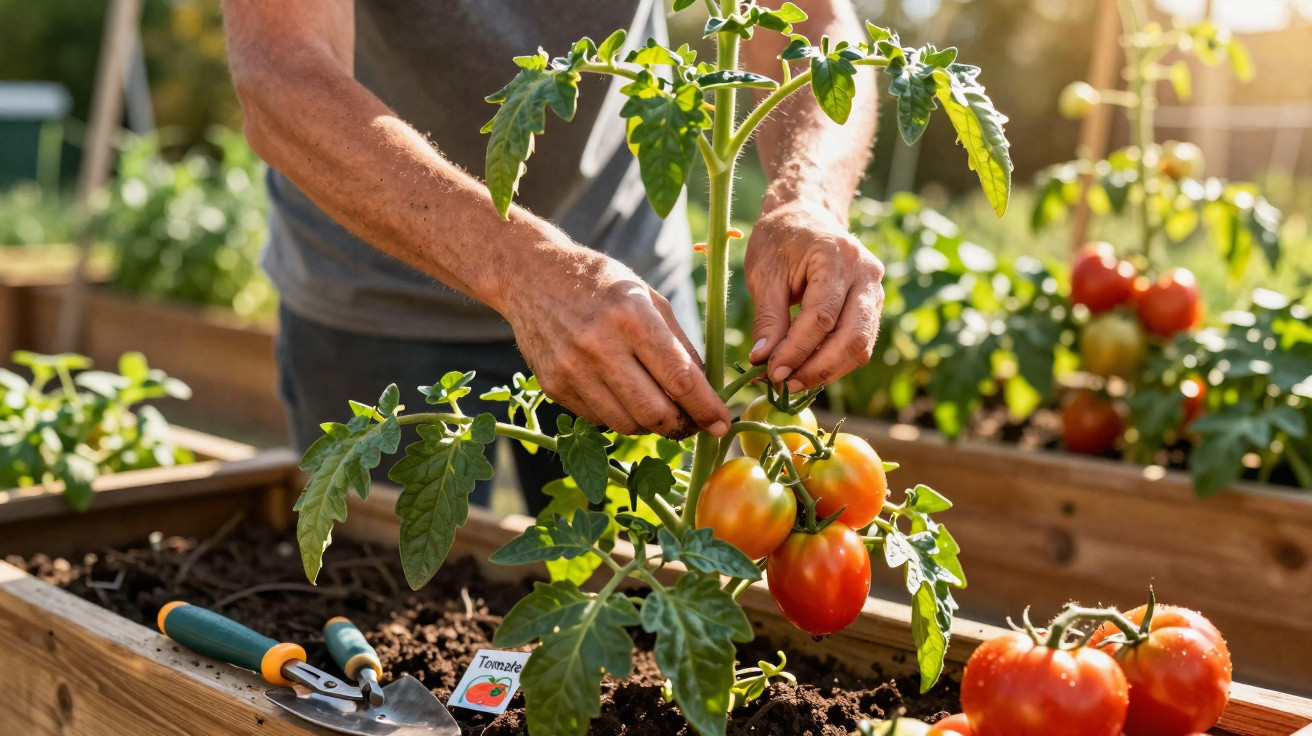 Pessoa colhendo tomates vermelhos maduros em canteiro de madeira em horta ao ar livre.