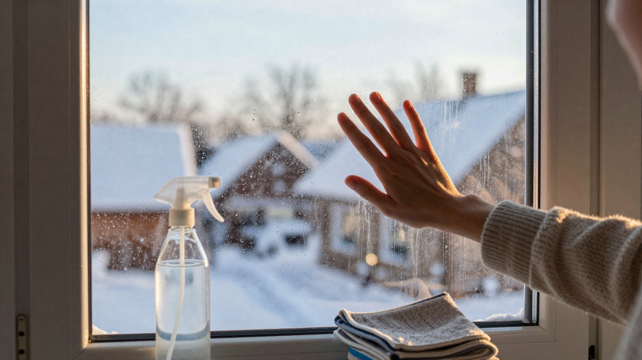 Mão limpa tocando vidro de janela com neve do lado de fora, spray e panos sobre o parapeito.