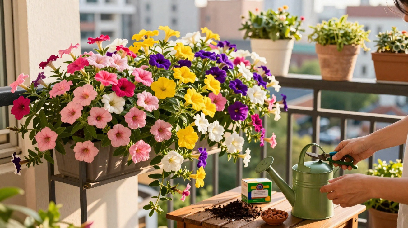 Flores coloridas em varanda com regador verde, terra e vasos ao fundo em dia ensolarado.