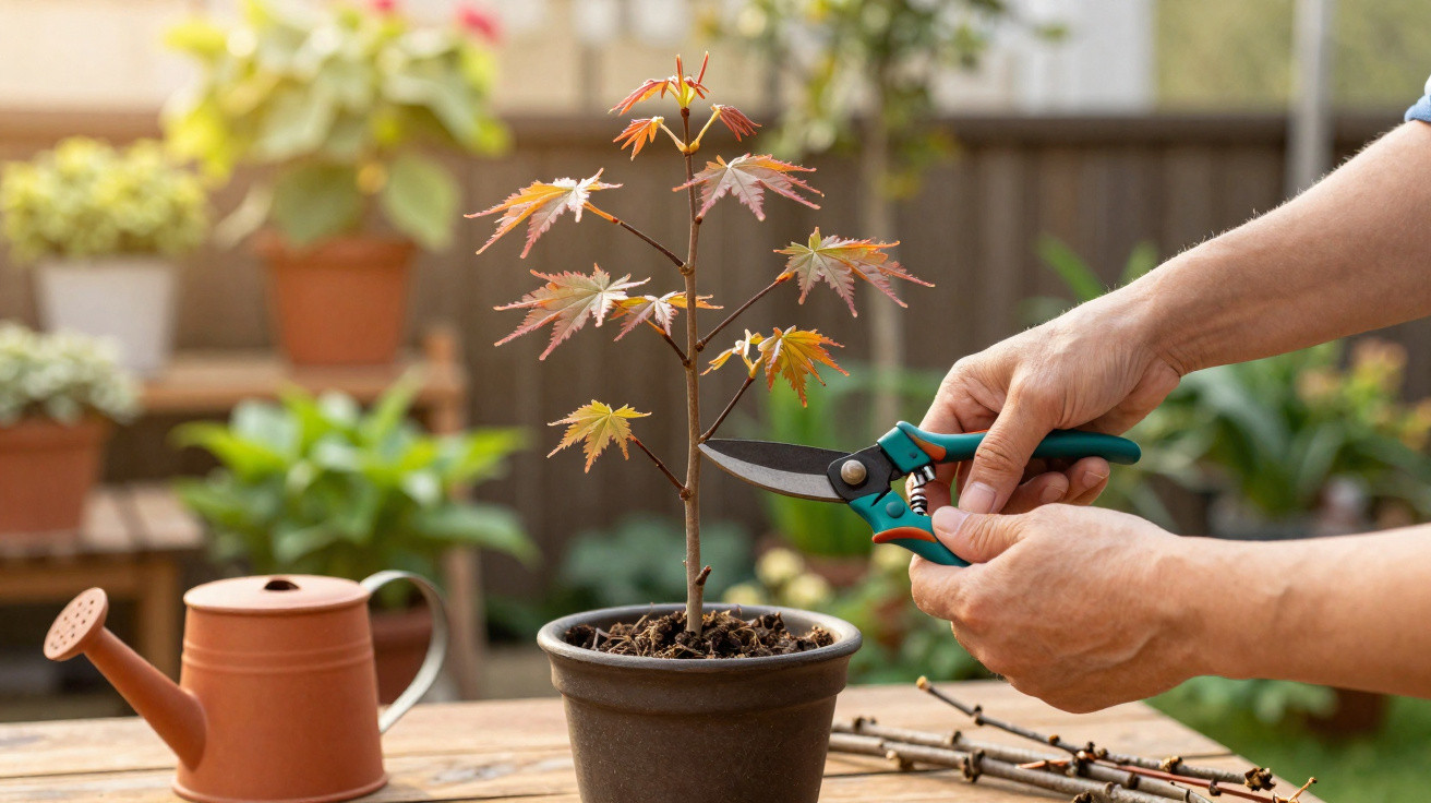 Pessoa podando uma muda de planta em vaso com tesoura de jardinagem em mesa de madeira.