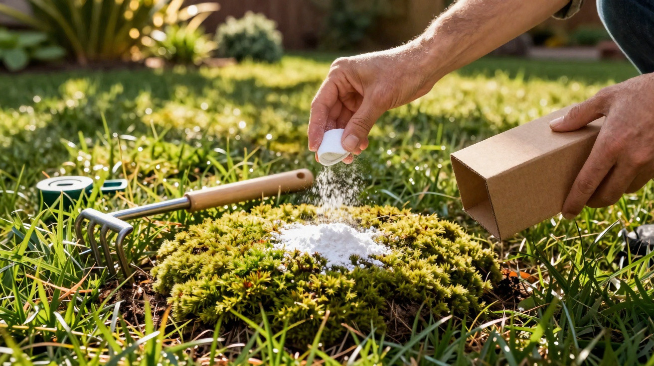 Pessoa aplicando fertilizante em planta pequena em jardim gramado com acessórios de jardinagem ao fundo.