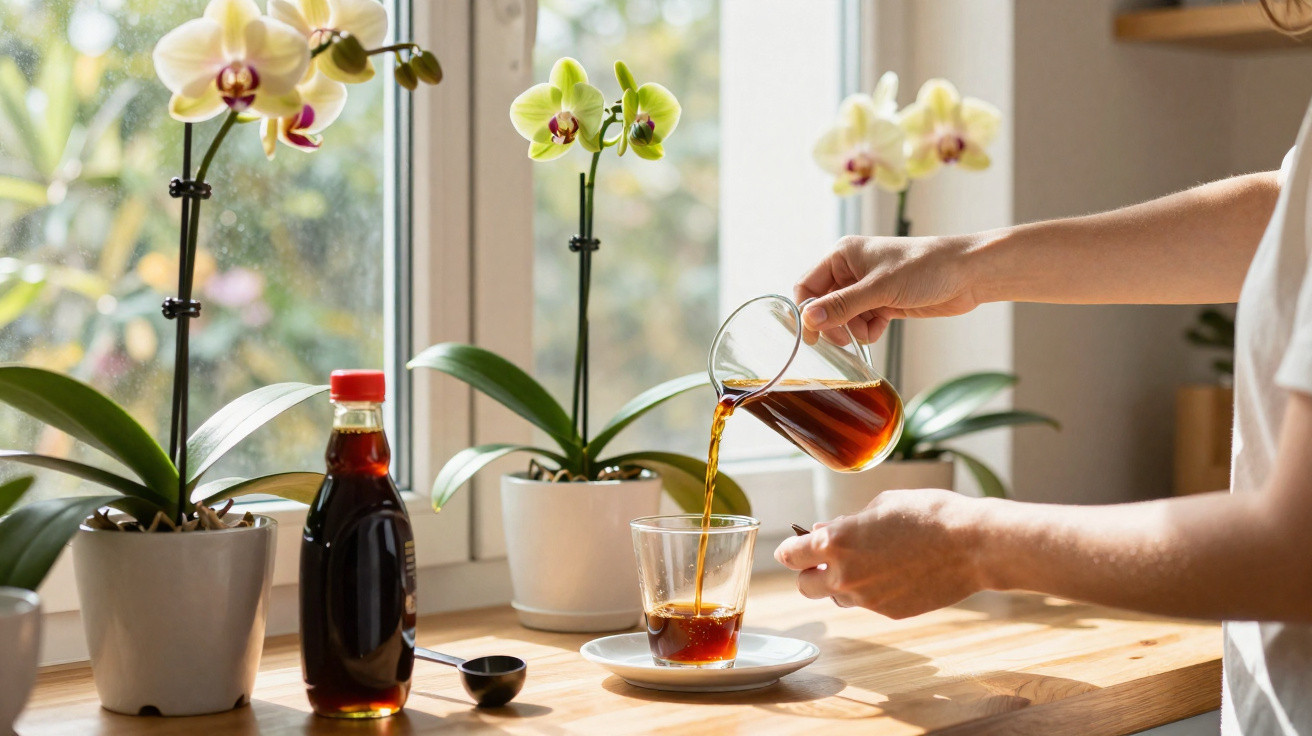 Pessoa servindo café em copo sobre mesa de madeira com orquídeas e garrafa de xarope ao fundo.