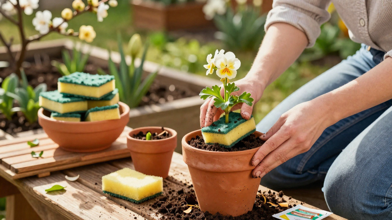 Pessoa plantando flor amarela em vaso com esponja absorvente em mesa de madeira ao ar livre.