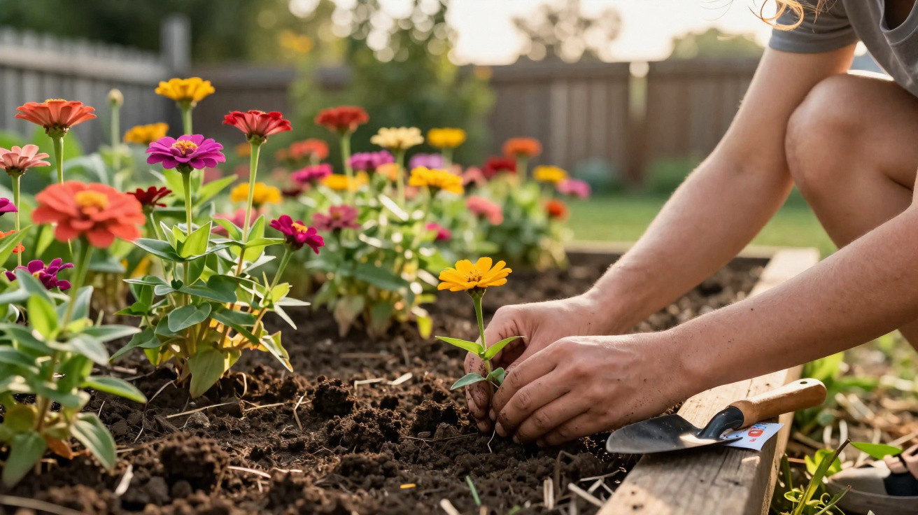 Pessoa plantando flores coloridas em um jardim com solo úmido e ferramenta de jardinagem ao lado.