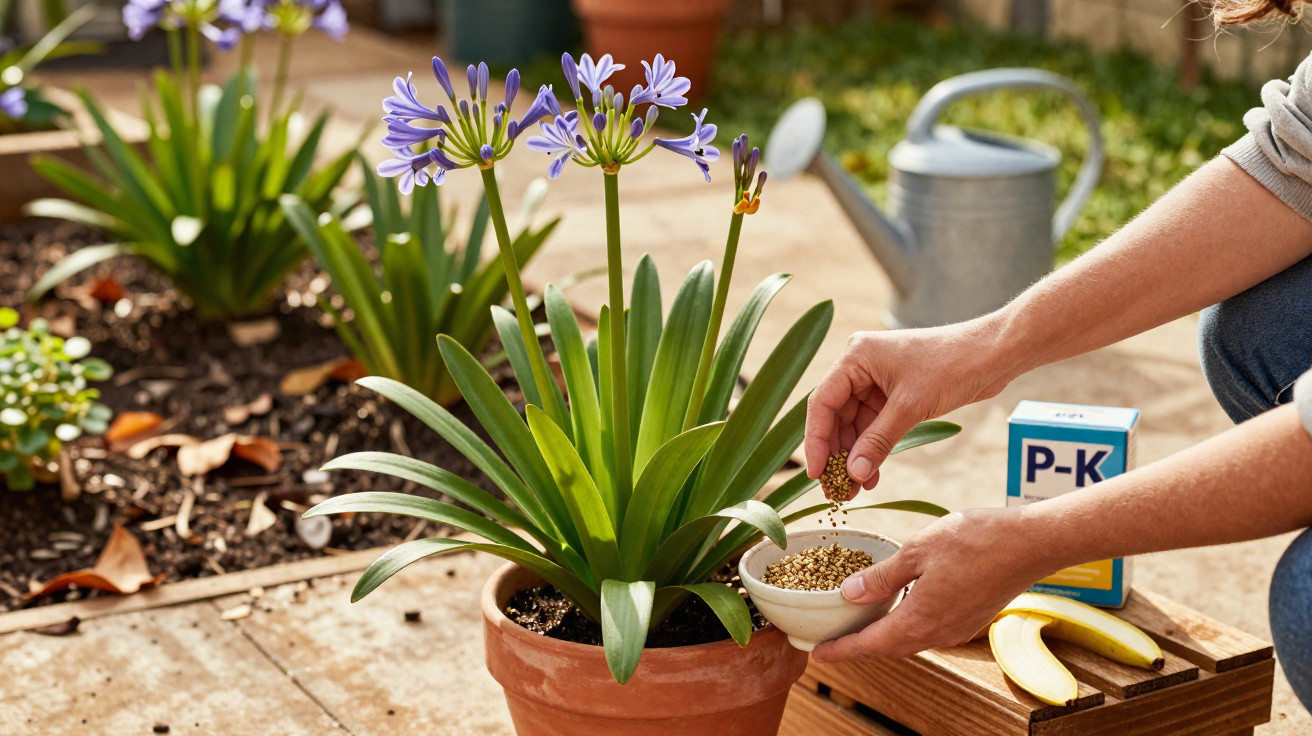 Pessoa aplicando fertilizante em planta com flores roxas em vaso de barro em jardim.