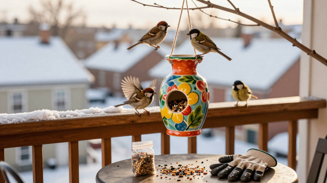 Pássaros pequenos alimentando-se em comedouro de cerâmica colorido pendurado em varanda com neve.