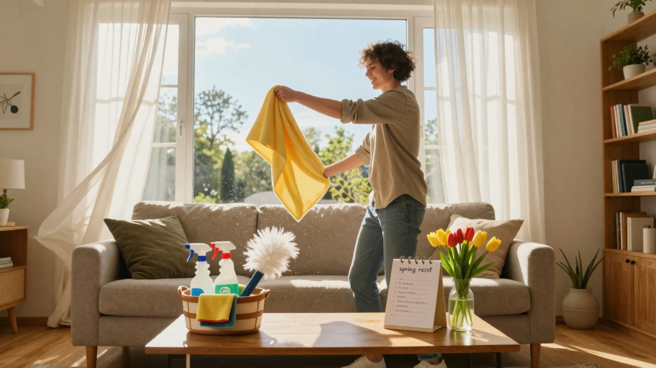 Pessoa estendendo pano amarelo em uma sala iluminada com sofá, mesa, flores e produtos de limpeza.
