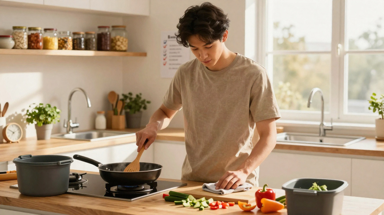 Jovem cozinhando em cozinha moderna, mexendo panela no fogão e cortando legumes na bancada de madeira.