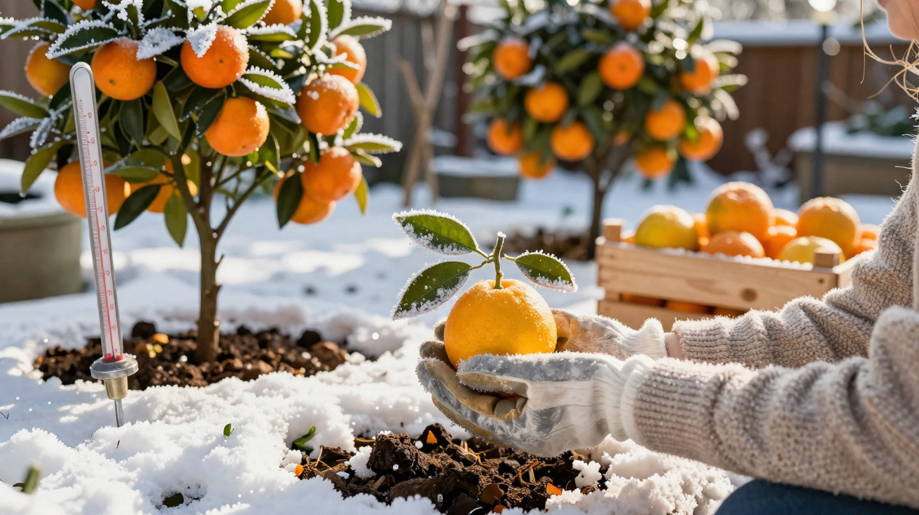 Pessoa com luvas segurando tangerina em pomar coberto de neve com termômetro e caixa de frutas ao fundo.