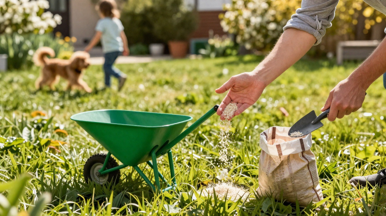 Pessoa espalhando sementes na grama de um jardim, com criança e cachorro ao fundo brincando.