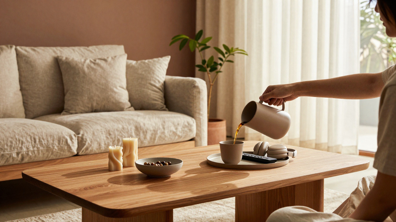 Pessoa servindo chá em xícara sobre mesa de madeira em sala com sofá e plantas.