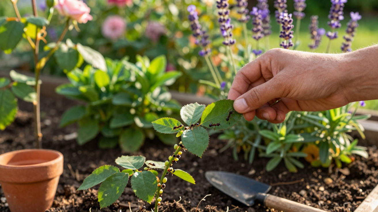 Mão removendo formigas de planta jovem em jardim com flores, terra e utensílio de jardinagem.