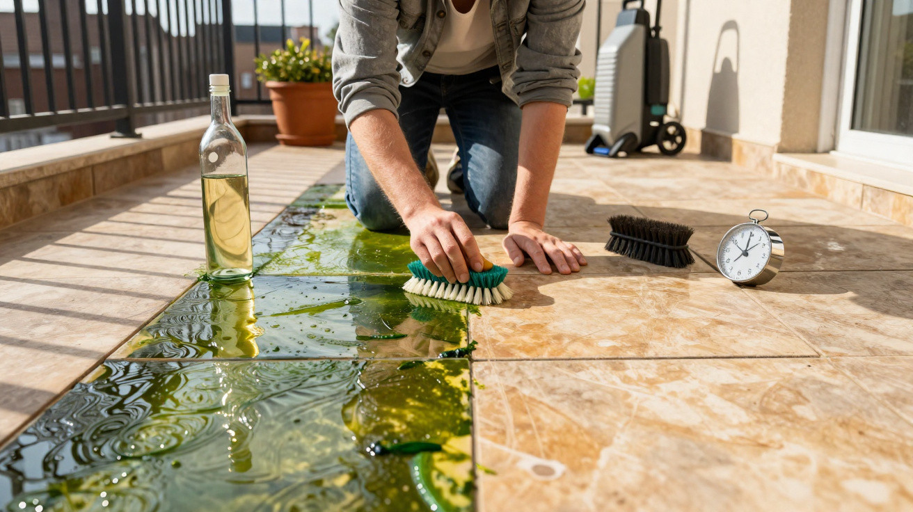 Pessoa limpando líquido verde no chão de azulejo com escova em varanda ensolarada.