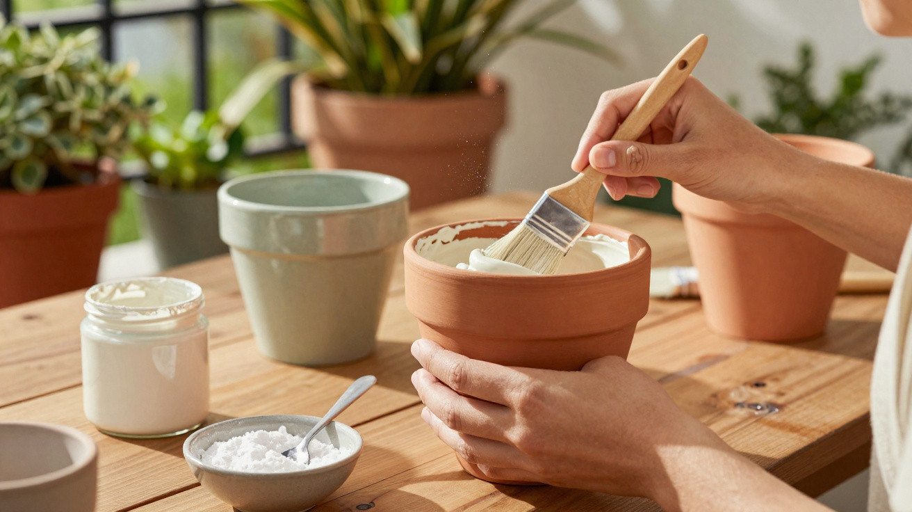 Pessoa pintando vaso de cerâmica com tinta branca em mesa de madeira com plantas ao fundo