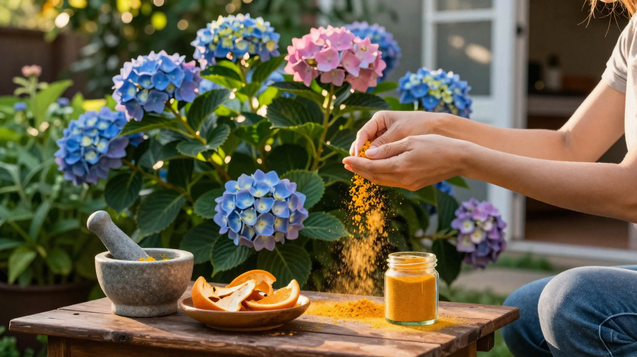 Pessoa moendo cúrcuma na mão com flores de hortênsia ao fundo em jardim ensolarado.