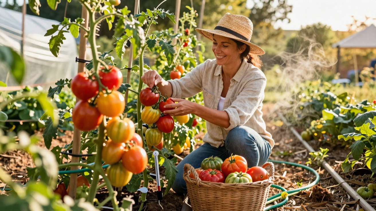 Mulher sorridente colhendo tomates maduros em horta ensolarada, com cesta cheia de vegetais frescos.