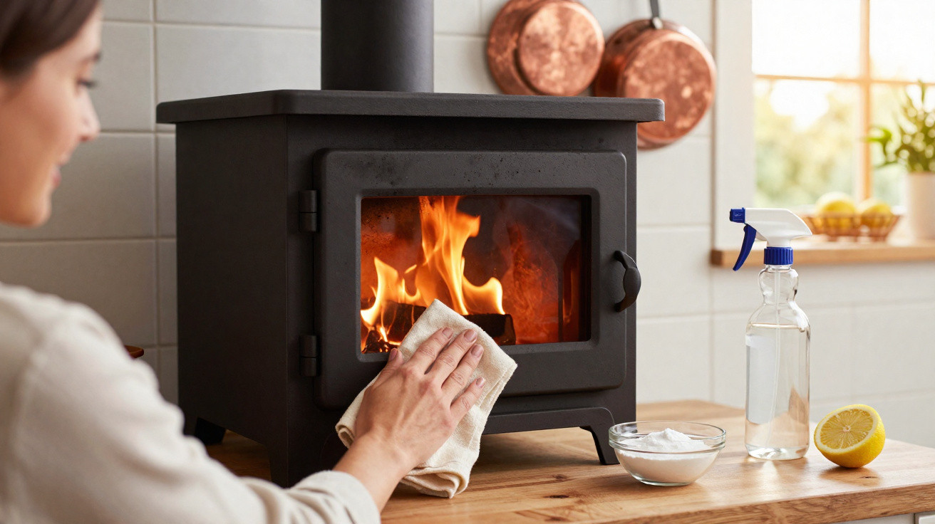 Pessoa limpando porta de vidro de forno a lenha com pano, em cozinha iluminada com itens de limpeza na mesa.