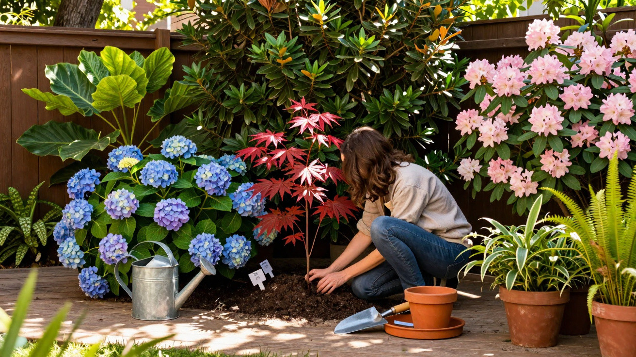 Mulher cuidando de planta com folhas vermelhas em jardim com flores azuis e rosas ao redor.