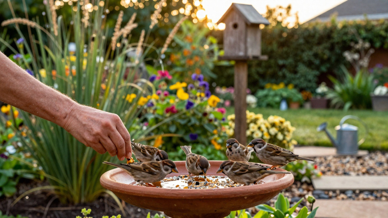 Mão alimenta pardais que bebem água em um bebedouro de jardim com flores coloridas ao fundo.