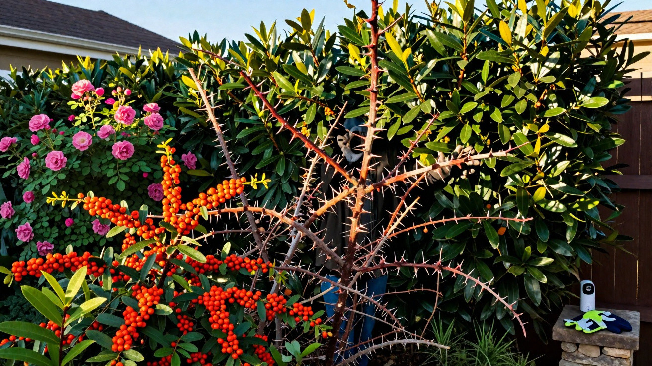 Jardim com arbusto espinhoso, planta com frutos laranja e roseira florida rosa ao fundo.