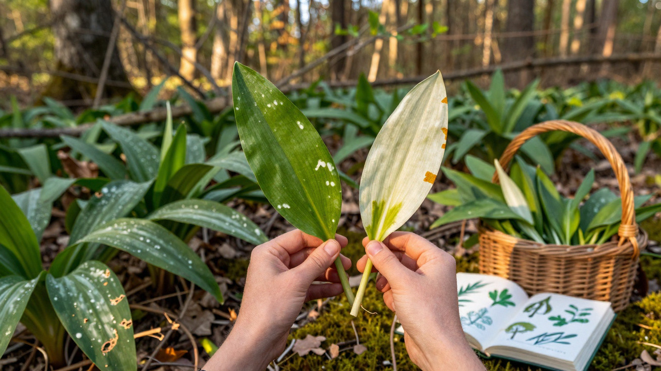 Mãos segurando duas folhas, uma verde e uma branca, com cesta e livro de plantas ao fundo em floresta.