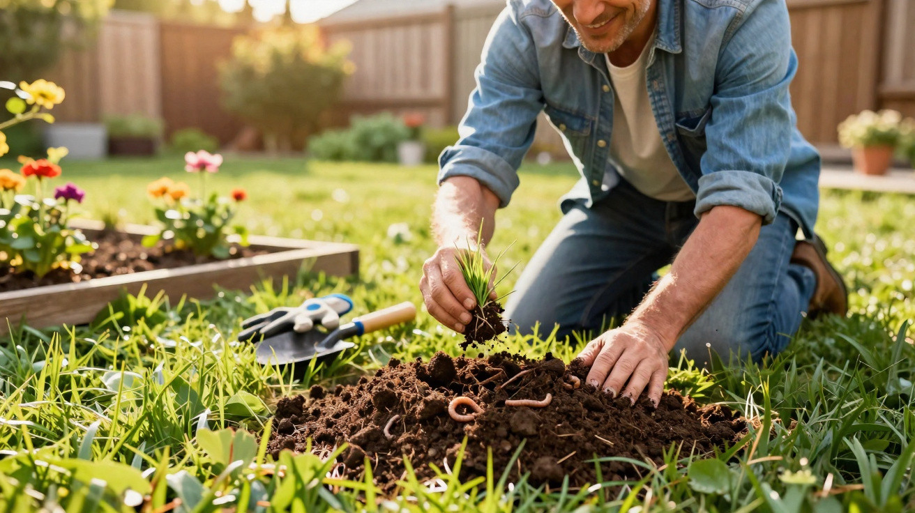 Homem plantando muda no jardim com ferramentas ao lado em dia ensolarado.