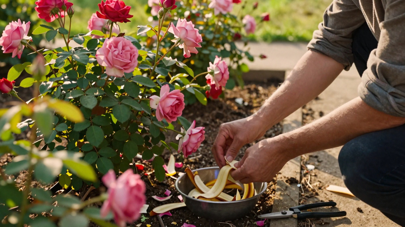 Pessoa retirando cascas de fruta em tigela perto de roseira com rosas cor-de-rosa em jardim ensolarado.