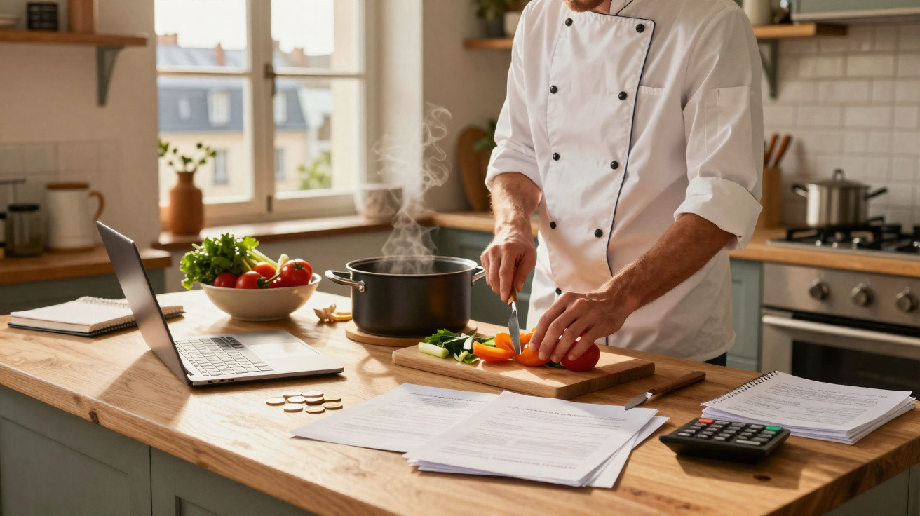 Chef cortando legumes em uma cozinha moderna com receitas, laptop e panela no fogão.