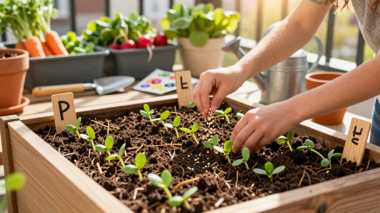 Mãos plantando sementes em caixa de madeira com mudas e marcadores de plantas ao redor.
