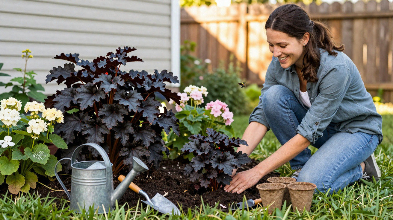 Mulher sorridente cuidando de plantas em jardim ao ar livre durante o dia.