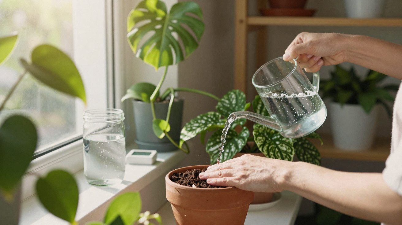 Pessoa regando planta em vaso de barro próximo a janela com outras plantas ao fundo.