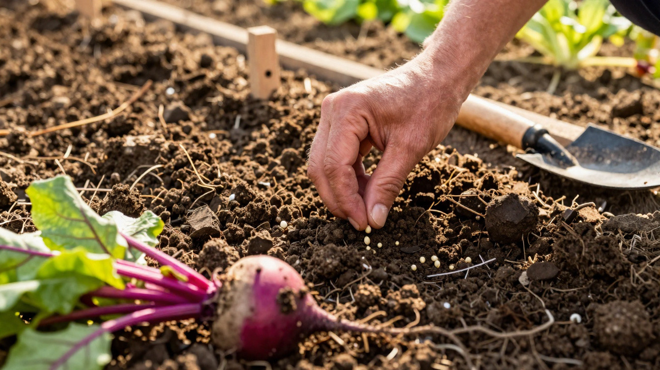 Mão plantando sementes na terra próxima a uma beterraba em um jardim com ferramenta ao fundo.