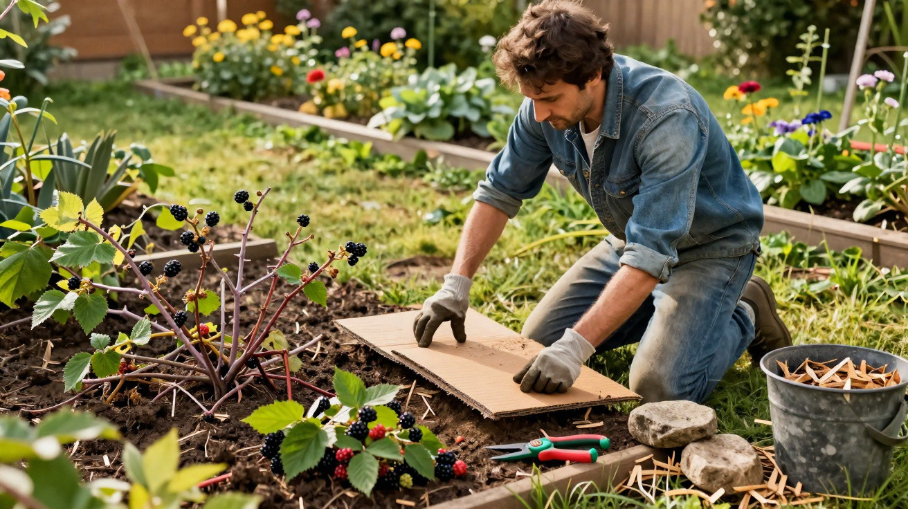 Homem usando luvas e jaqueta jeans cuidando de plantas e solo em um jardim com flores e frutas.