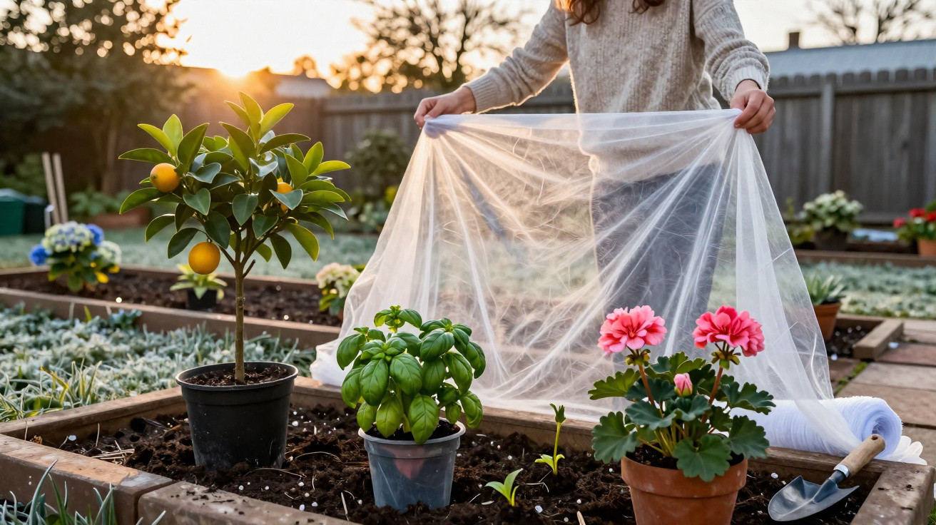 Pessoa protegendo plantas com tecido translúcido em jardim ao pôr do sol