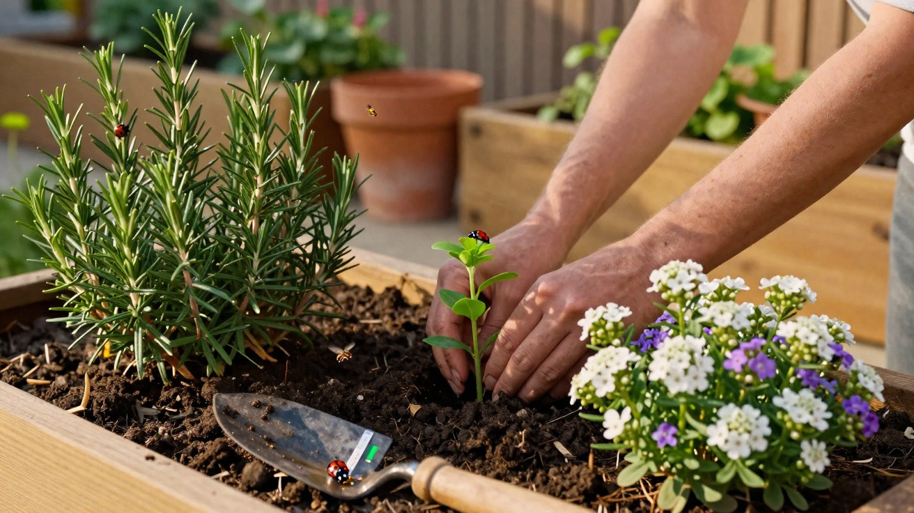 Mãos plantando muda em canteiro com flores, ervas e insetos, como joaninhas e abelhas ao redor.