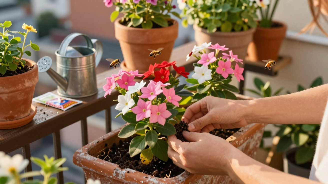 Mãos cuidando de flores coloridas em vaso na varanda com abelhas voando ao redor.