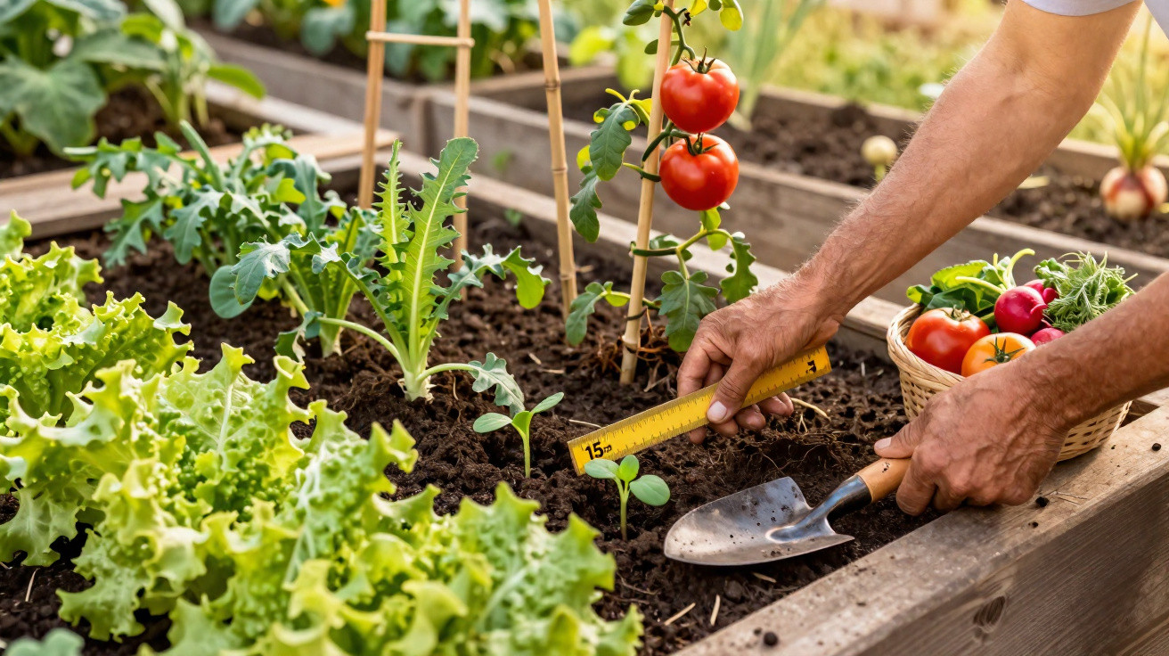 Pessoa medindo muda com régua em horta com tomate, alface e cesta de legumes ao fundo.