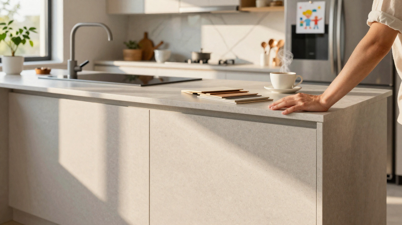 Balcão de cozinha moderno com pessoa segurando xícara de café fumegante e amostras de revestimento.