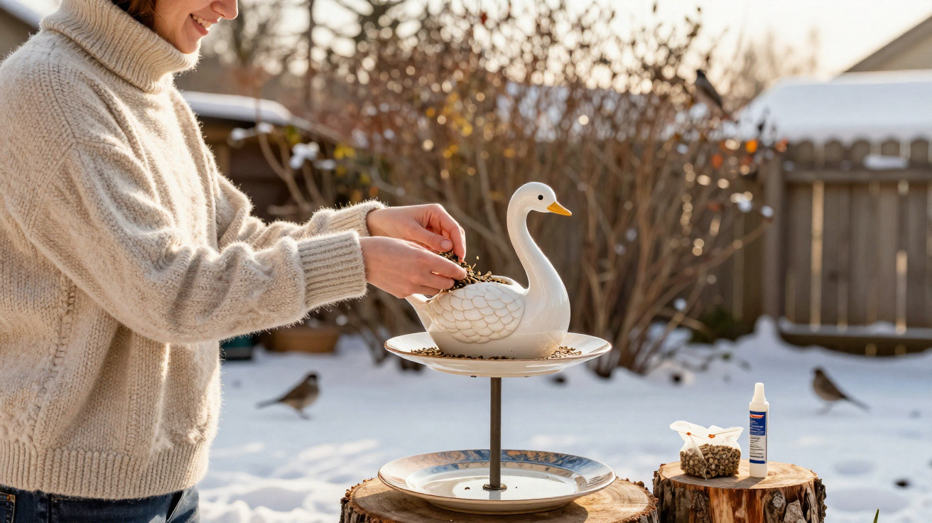 Pessoa alimentando pássaros com comedouro branco em formato de cisne no jardim coberto de neve.