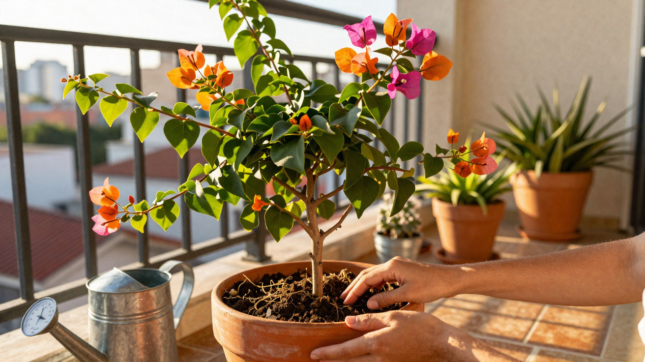 Pessoa cuidando de planta florida em vaso de barro em varanda ensolarada com regador ao lado.