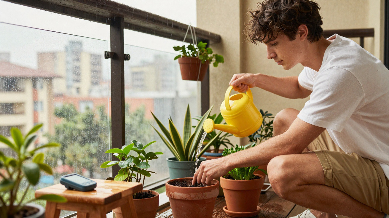Jovem regando plantas em vasos no parapeito de janela em dia de chuva.