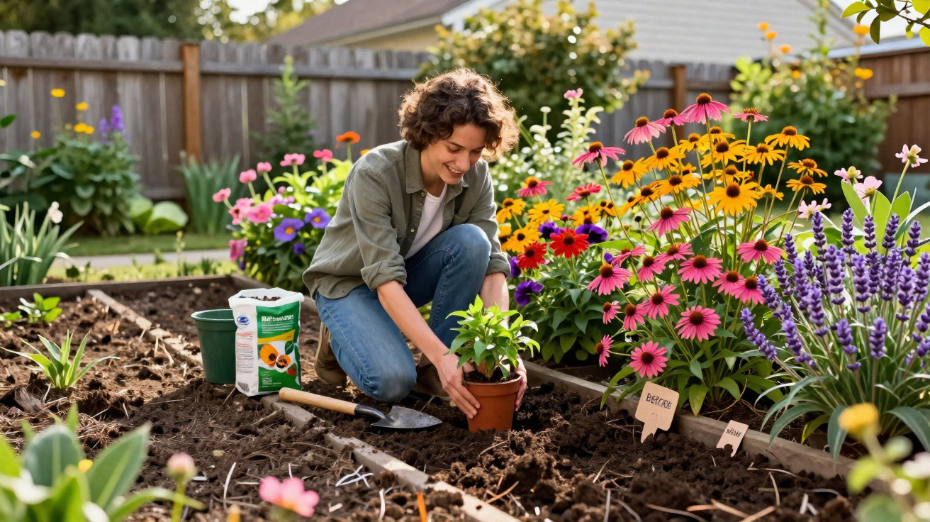 Mulher ajoelhada plantando flores em jardim colorido em dia ensolarado no quintal.