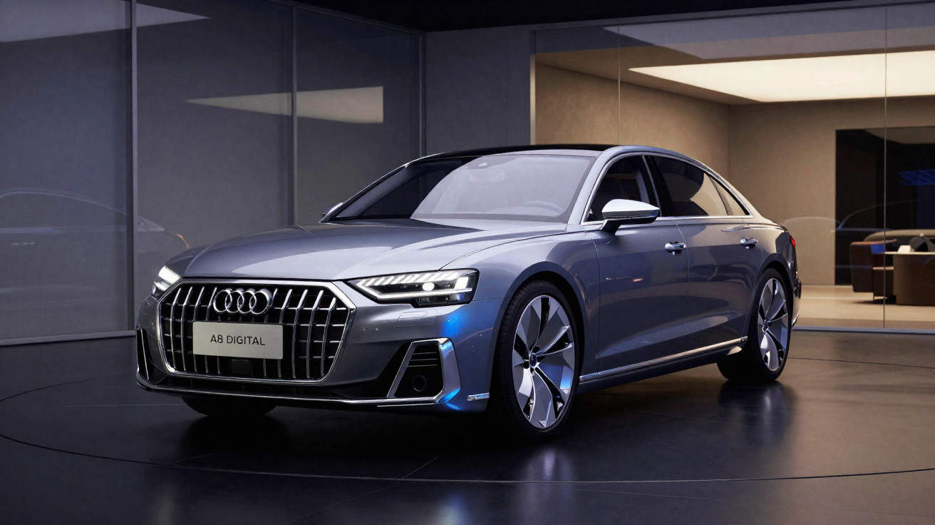 Carro Audi A8 Digital cinza estacionado em ambiente interno moderno com iluminação suave.