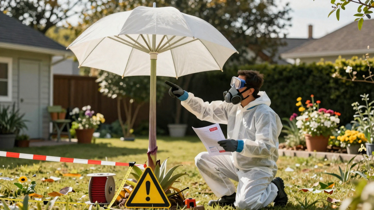 Pessoa com traje de proteção e máscara inspecciona área cercada com sinal de alerta e guarda-sol branco no jardim.