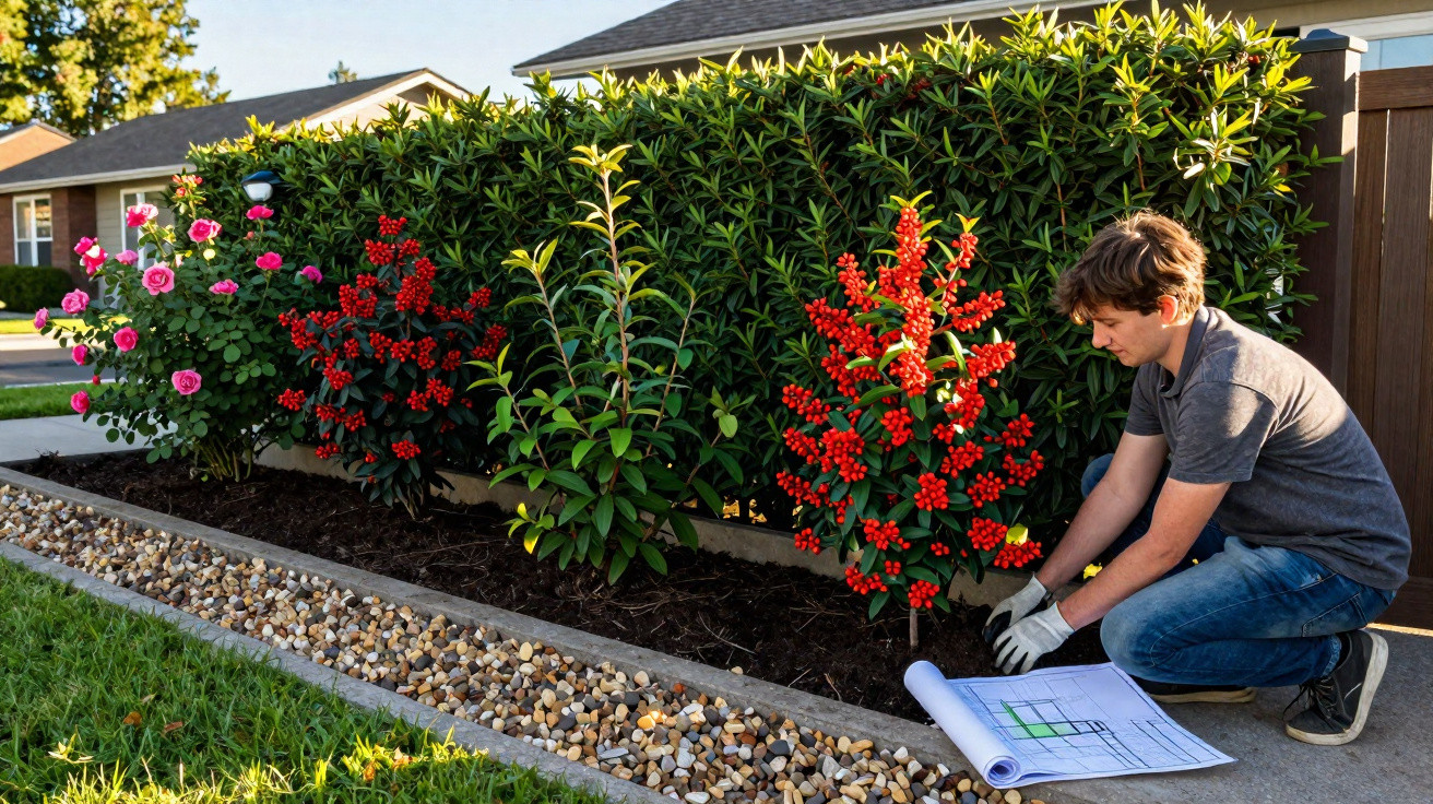 Jovem cuidando do jardim com plantas floridas e blueprint aberto ao lado, em área externa residencial.